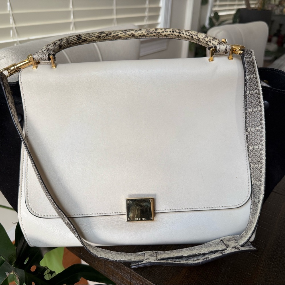 Celine White and Black Shoulder Bag with Gold Accents